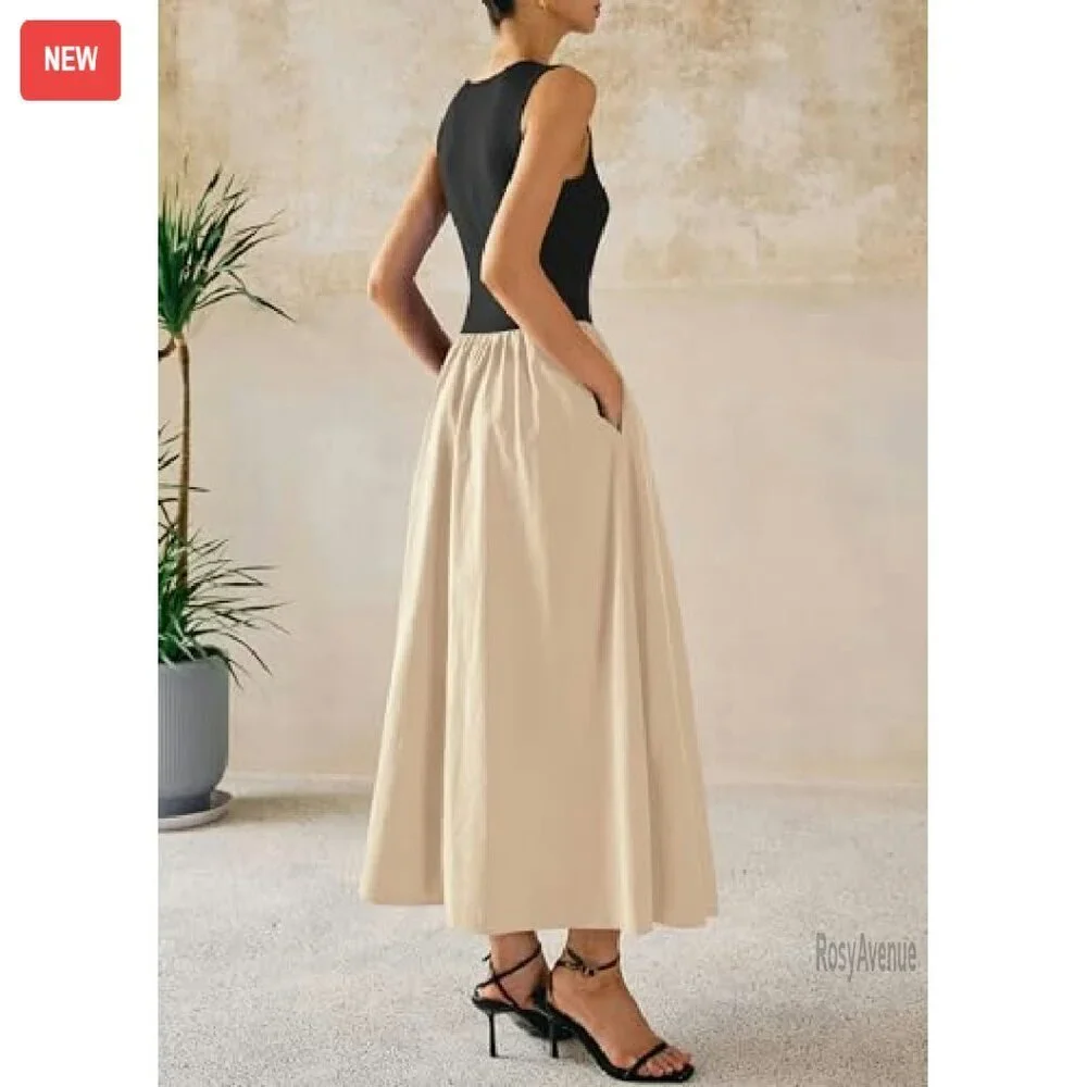 Sleeveless Maxi Dress Patchwork Knit Flowy Long Casual Summer